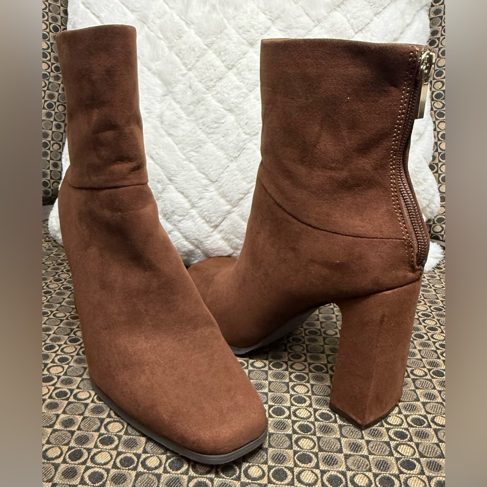 JustFab Chestnut Suede Block Heel Ankle Boots